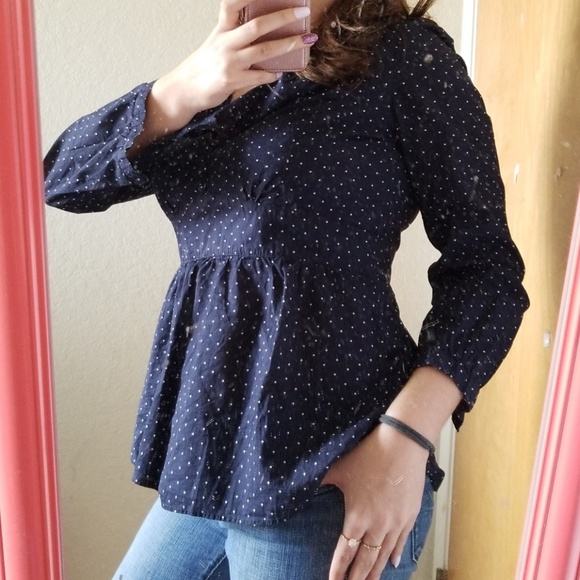 J. Crew Navy Blue Ruffle Polka Dot Cotton Blouse - Picture 8 of 8